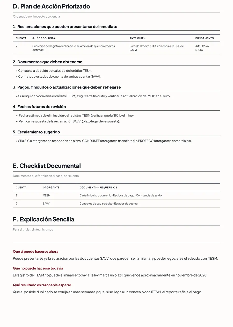 Plan de acción priorizado, checklist de documentos por cuenta y explicación en lenguaje llano.